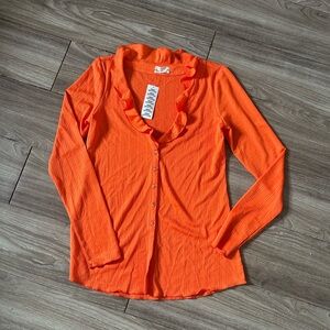Orange Ruffled V-Neck Button-Up Top